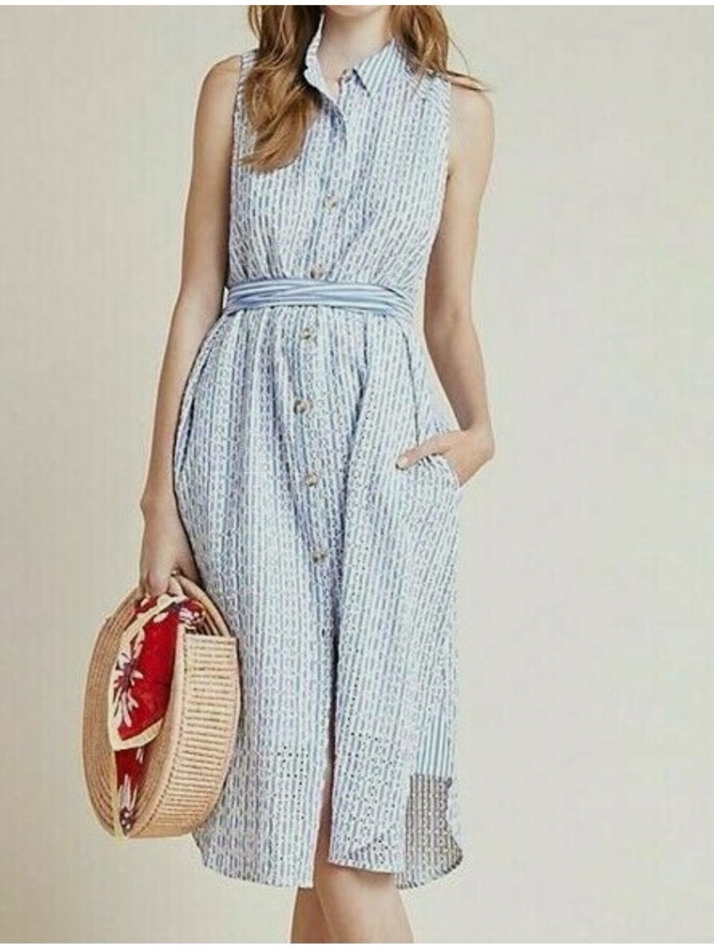 Anthropologie Sleeveless Light Blue Striped Button-Front Midi Dress - Picture 1 of 7